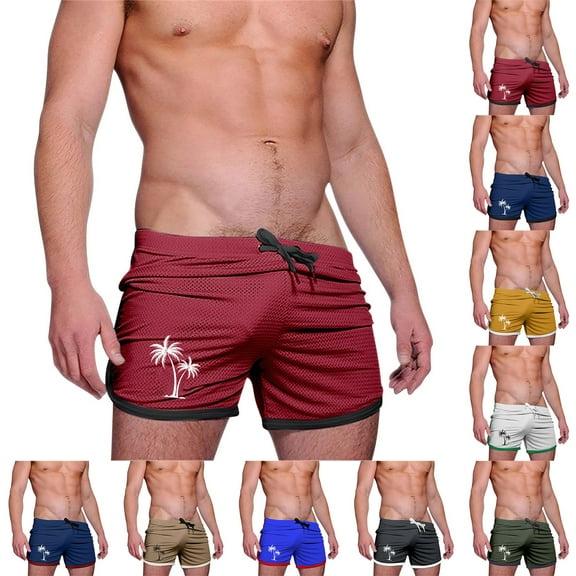 DDAPJ pyju Birthday Gifts! Men's Quick Dry Running Shorts Breathable Athletic Gym Mesh Shorts for Men Palm Tree Print Casual Workout Short Pants Khaki M