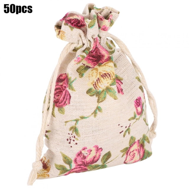 50 Uds. Bolsa de arpillera con cordón patrón de flores embalaje de joyería suministros para fiesta de boda el día de Navidad
