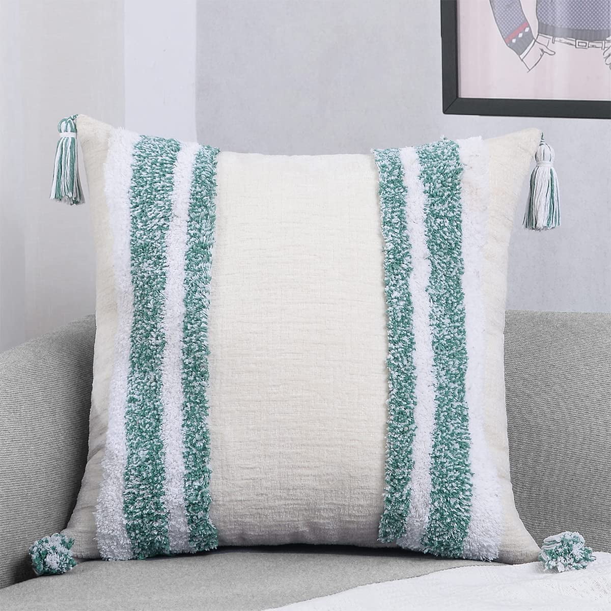 IGUOHAO Tassel Decorative Accent Throw Pillow Cover Boho Tribal Tufted Fringe Small Pillow Sham Cushion Case for Bedroom Living Room Couch 18x18 Inch Grey 1PC Green a 18 x18 Walmart