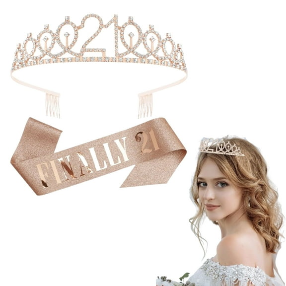 2-Piece Rose Gold 21st Birthday Crown & Sash Set, Elegant Rhinestone Tiara with "Finally 21" Sash, Princess Headpiece for Women's Milestone Party Gifts