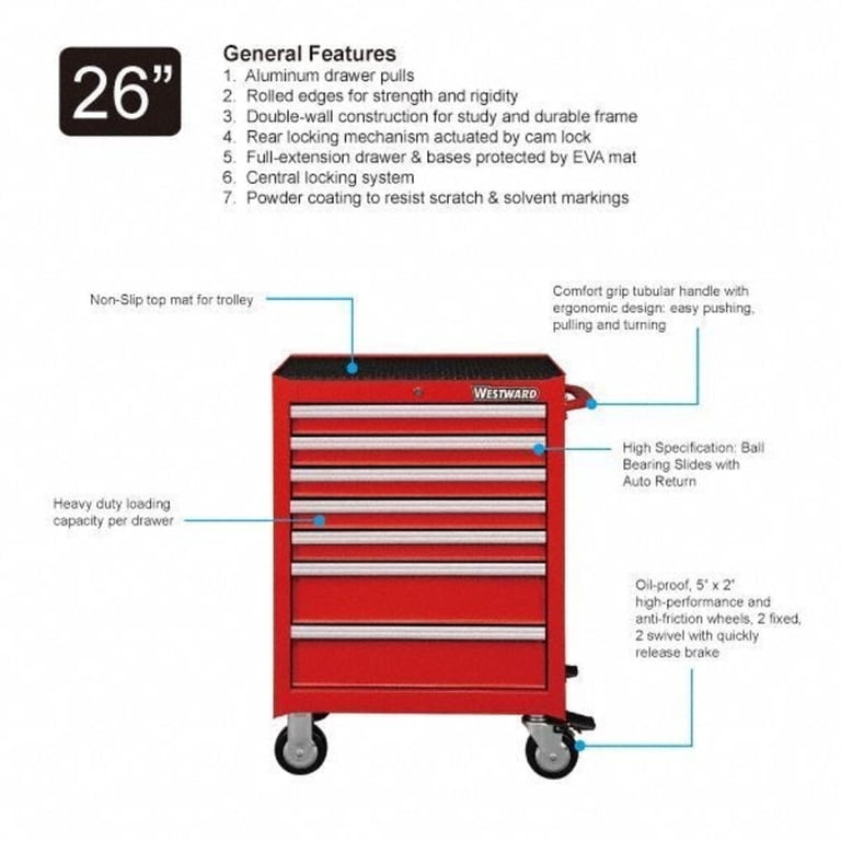 WESTWARD Rolling Tool Cabinet, 7-Drawers, Gloss Red, 27 W x 19 D