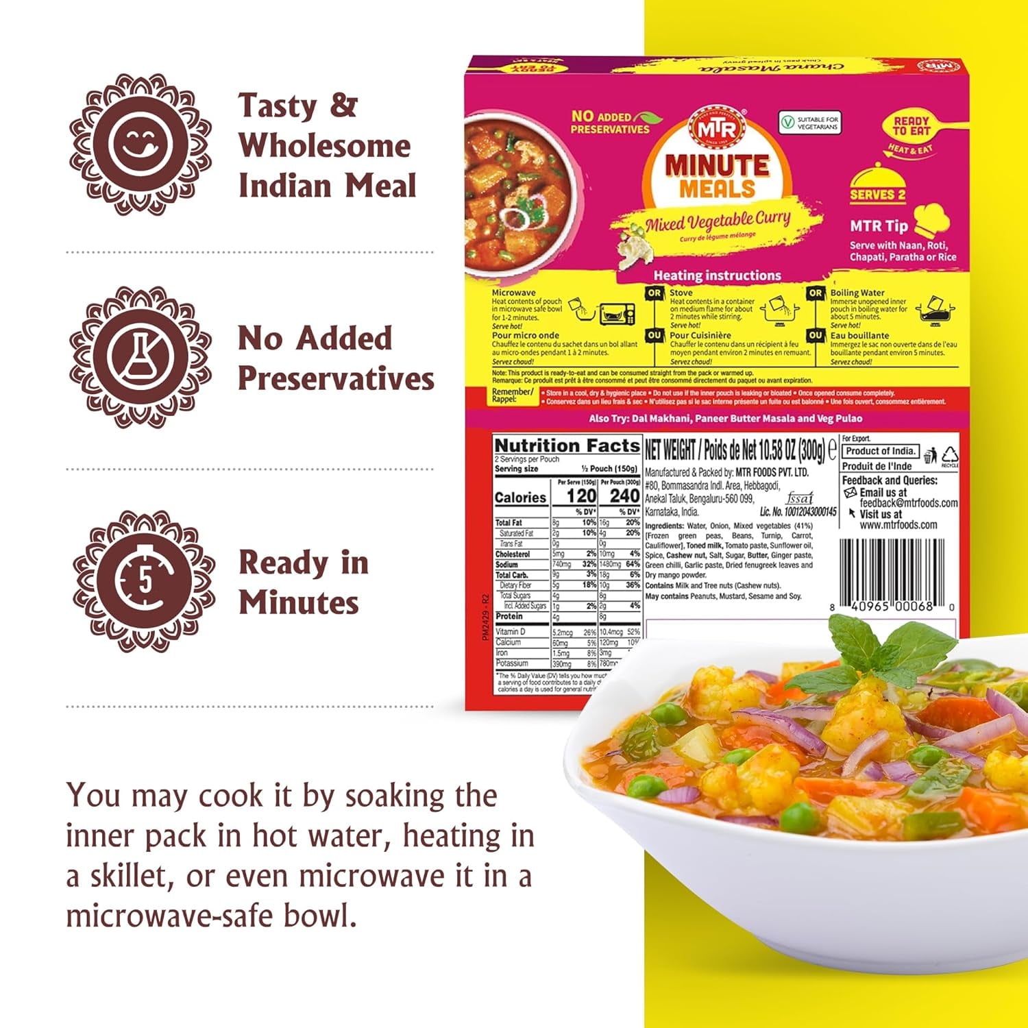 MTR Flavorful Mixed Vegetable Curry - Authentic Indian Ready-to-Eat Meal with No Added Preservatives - A Quick Meal Suitable for Vegetarians, Ready in Minutes! (300g, Pack of 6)