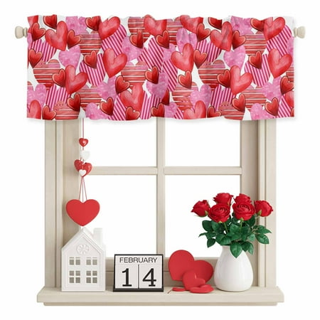 Valentine s Day Valance Curtain for Windows Romantic Watercolor Red Pink Stripes Love Heart Rod Pocket Curtain Valances Short Window Treatment for Kitchen Bathroom Laundry Room Basement 42 x 18 Inch