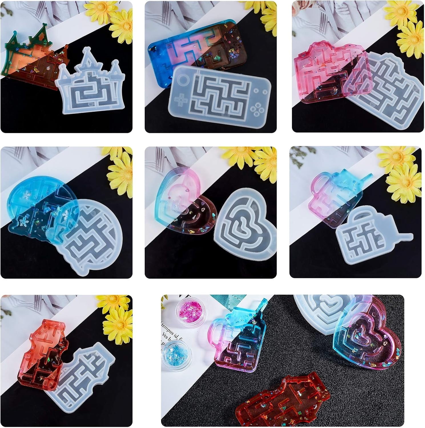 Epoxy Resin Molds Set 8 Shapes Labyrinth Silicone Molds Castle Molds with Sequins Measuring Cup Stirring Rod Pipettes and Latex Finger Cots DIY