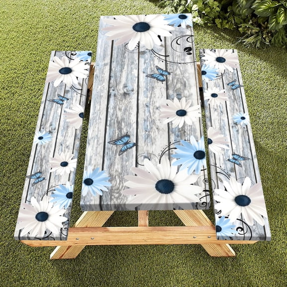 Picnic Table Cover with Bench Covers Daisy Waterproof Fitted Picnic Table Cloths Gray Wood Texture Elastic Picnic Tablecloth Outdoor Camping Essentials