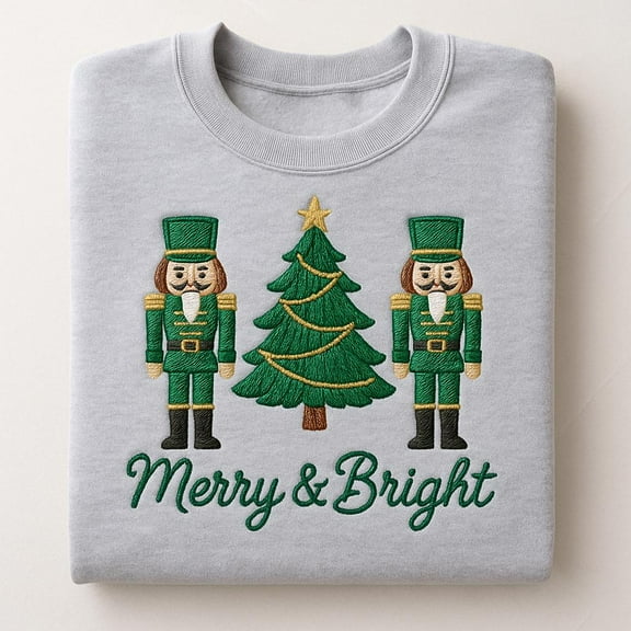 Merry & Bright Embroidered Nutcracker Sweatshirt, Christmas Tree Toy Soldier Crewneck, Festive Holiday Gift
