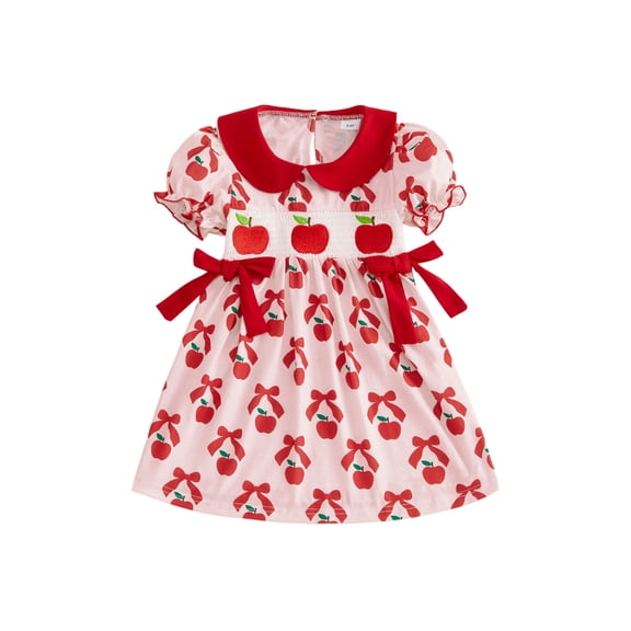 Cenuakty Toddler Baby Girls Summer Dress Back to School Apple Print Doll Collar Short Sleeve A Line Dress