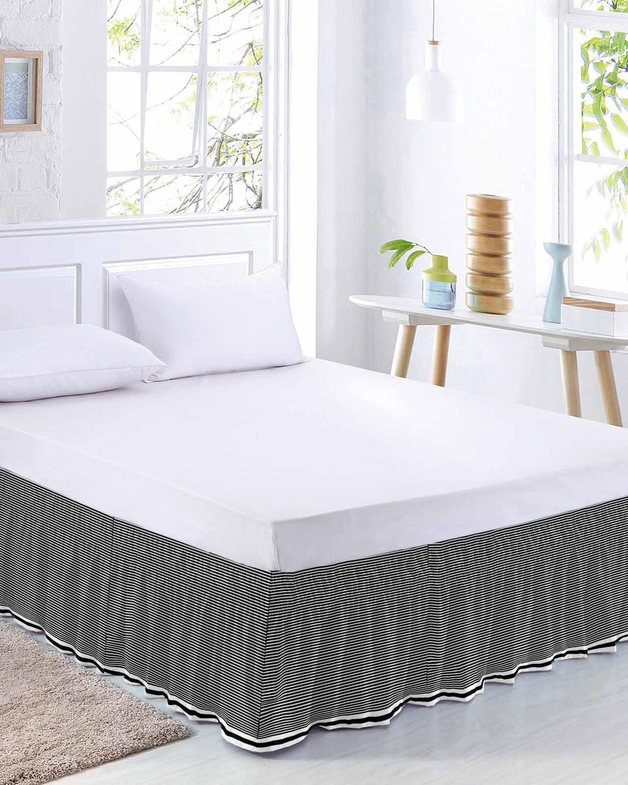 Farmhouse Black White Striped Bed Skirt King Size, Modern Stripes Wrap Around Bed Skirting with Adjustable Elastic Strap, Dust Ruffled Pleated Bedskirts 18 Inch Drop for Bedroom King Beds