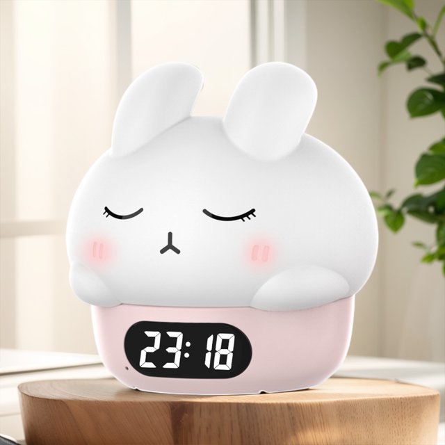Luz nocturna de conejo de dibujos animados con reloj despertador Lámpara de conejito de silicona táctil (rosa)
