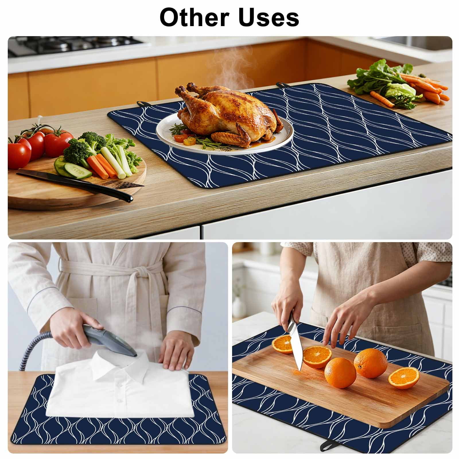 Wavy Lines Stove Top Cover for Electric Stove, Heat-proof & Non Slip Glass Top Stove Cover Protector, Abstract Minimalist Pattern Navy Blue Kitchen Flat Cooktop Rubber Mat 24x21 Inches