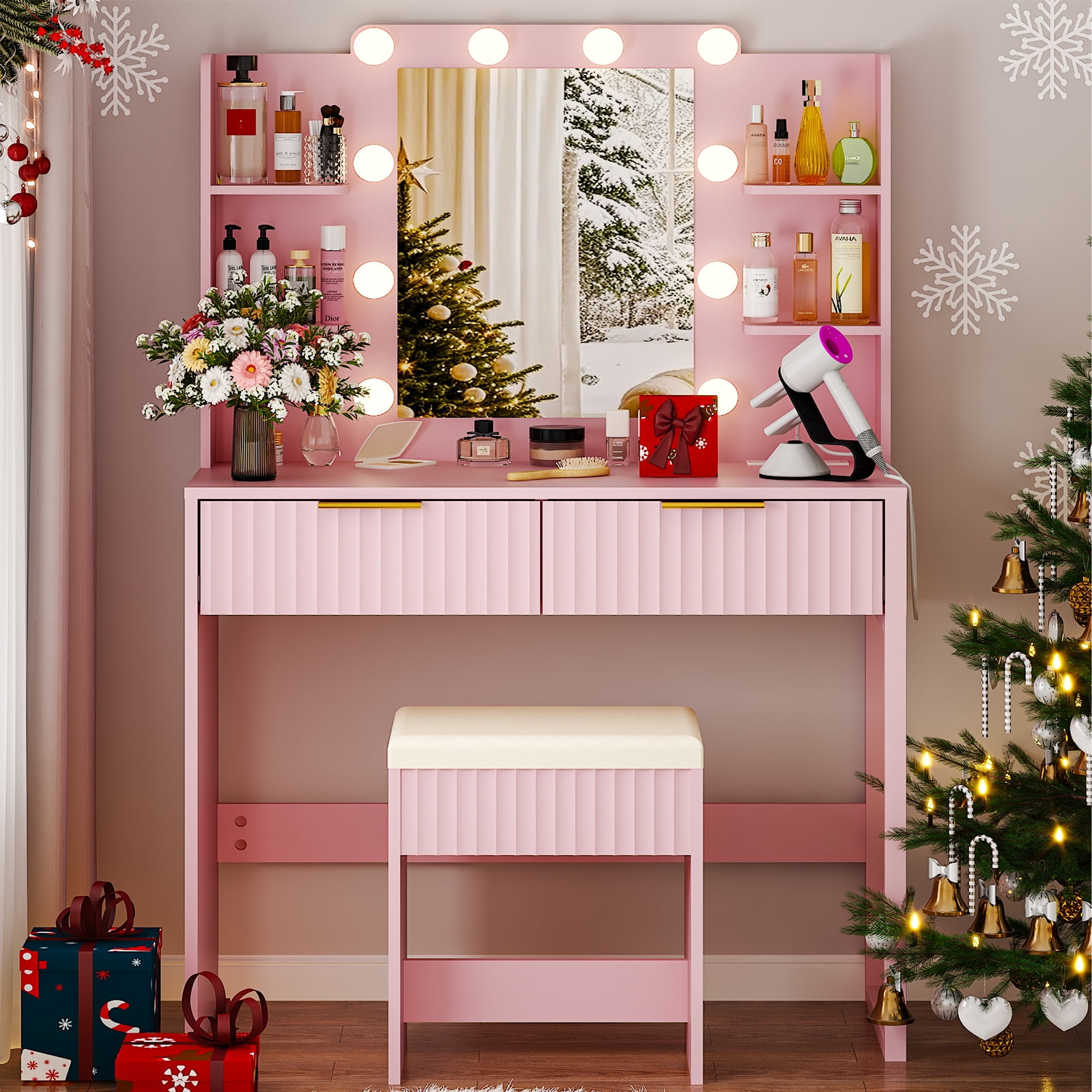 Ktaxon Lighted Makeup Vanity and Stool, Pink Vanity Table Set with 2 Drawer and Charging Station, Femal Gift