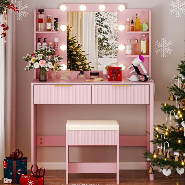 Ktaxon Lighted Makeup Vanity, Pink Vanity Table Set with 2 Drawer and Charging Station, Femal Gift