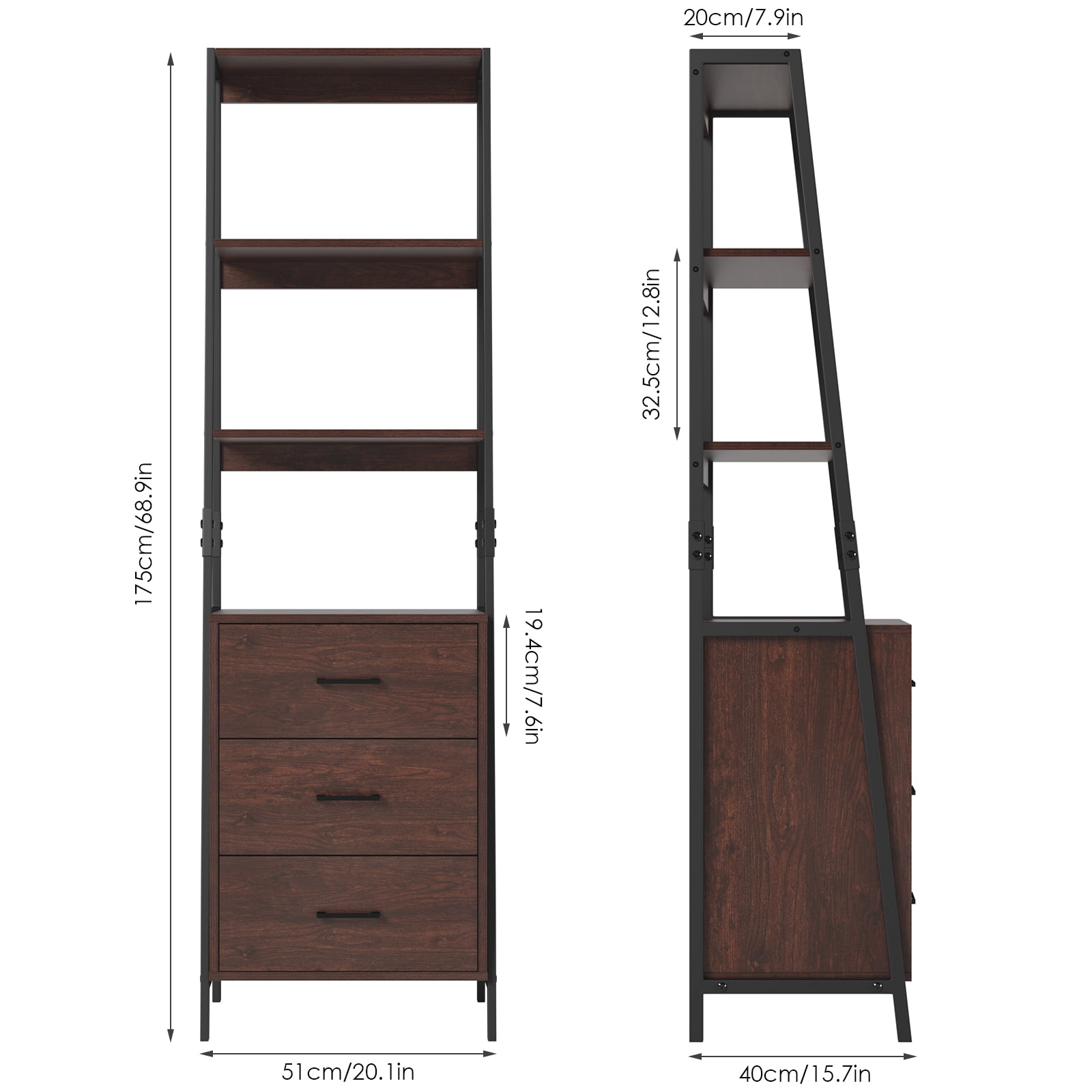 Homfa 3 Drawers Ladder Bookshelf, 3 Tier Open Storage Shelves for Office  Living Room, Rustic Brown 