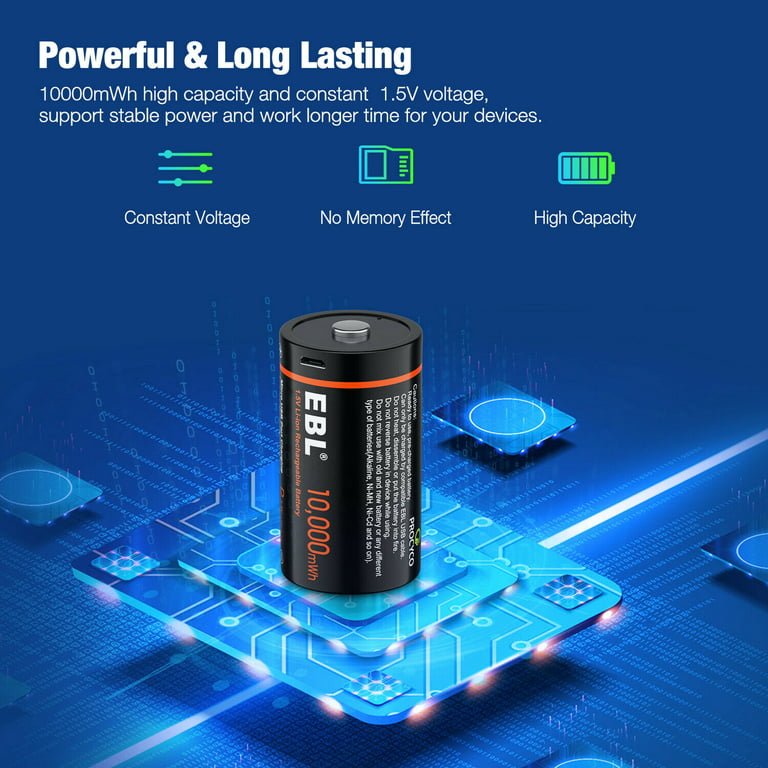 EBL USB Rechargeable D Size Batteries 10000mWh 1.5V Long Lasting D/ LR20  Cell Li-ion Batteries 6 Pack