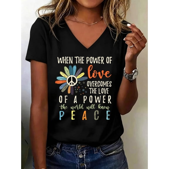 When The Power Of Love Overcomes The Love Of Power Flowers V Neck T-Shirt Cotton Women's V Neck Graphic Tee, Casual Short Sleeve Shirt,Vacation Outfit