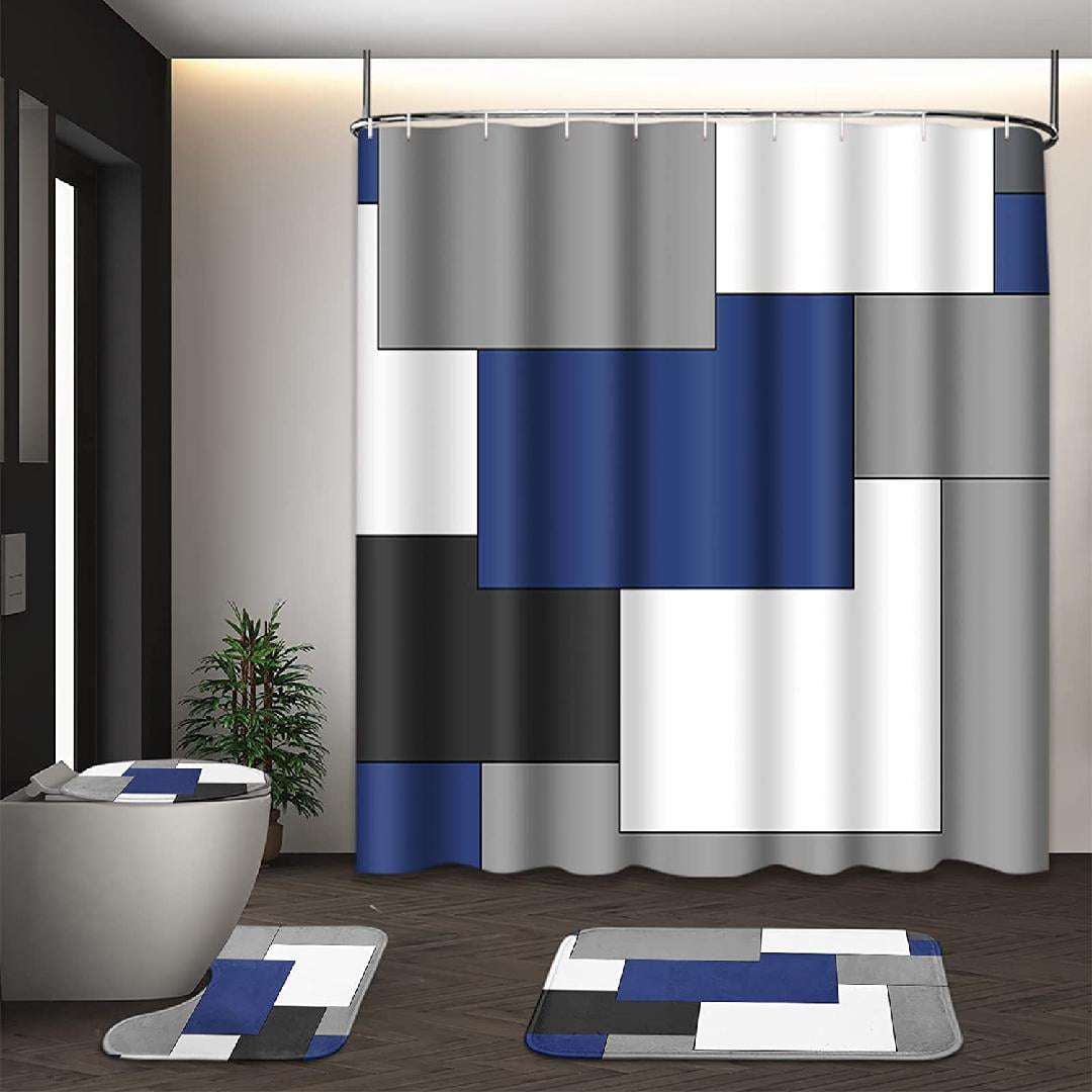 Navy Blue Geometric Shower Curtain Sets with Toilet Lid Cover and Non ...