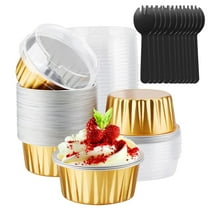 QKURT 50Pack Aluminum Foil Baking Cups with Lids and Spoons, 5oz Foil Ramekins with Lids, Gold