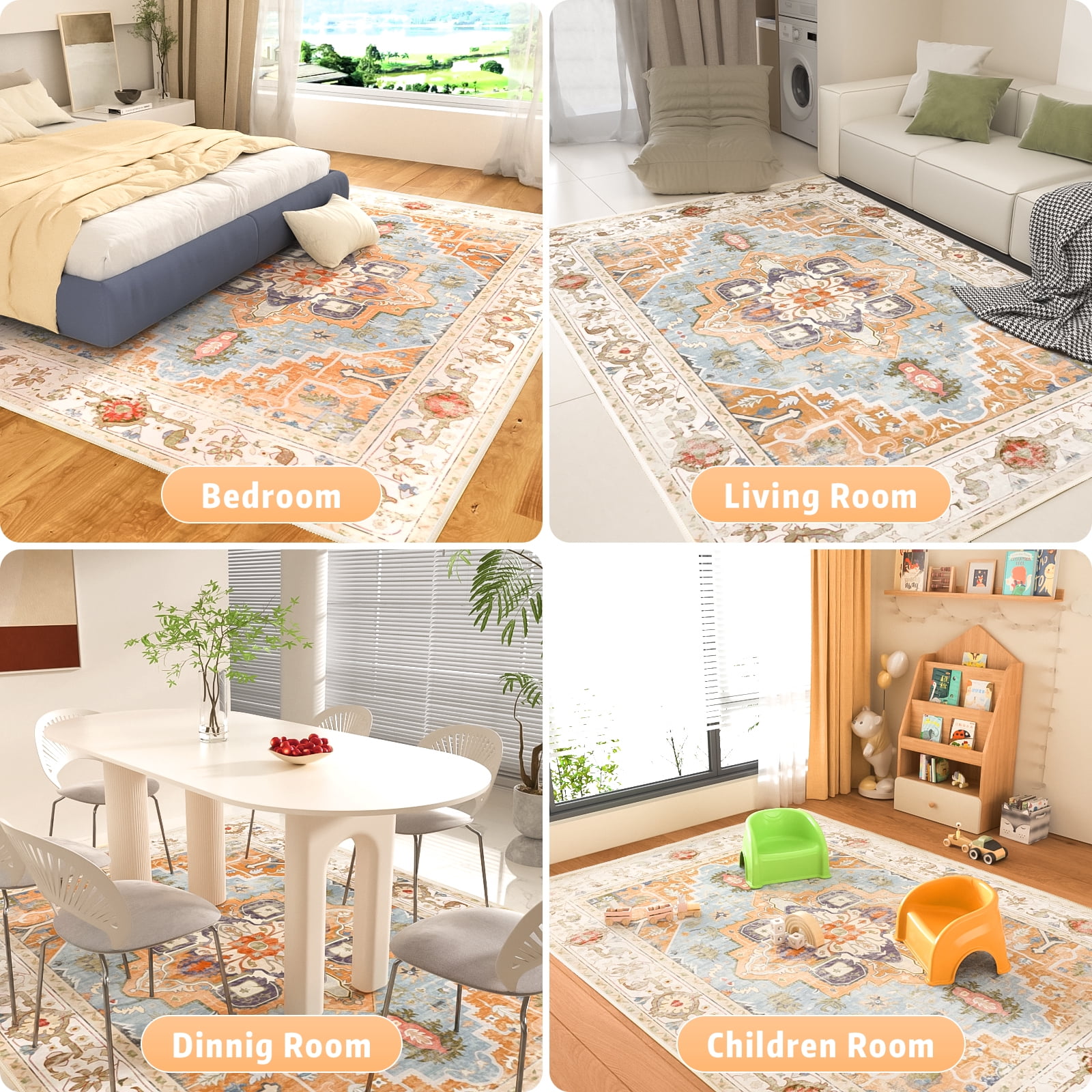 Vintage Living Room Area Rug 8x10 - Large Soft Washable Oriental Traditional Distressed Farmhouse Rugs for Bedroom, Indoor Floor Accent Non-Slip Carpet for Living Room Kitchen Office, Easy-Cleaning