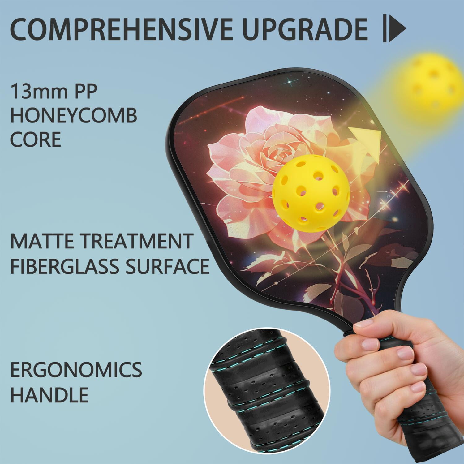 Pickleball Paddles Set Of 2, Fiberglass Surface, Rose, Floral Print, 4 Balls & Bag