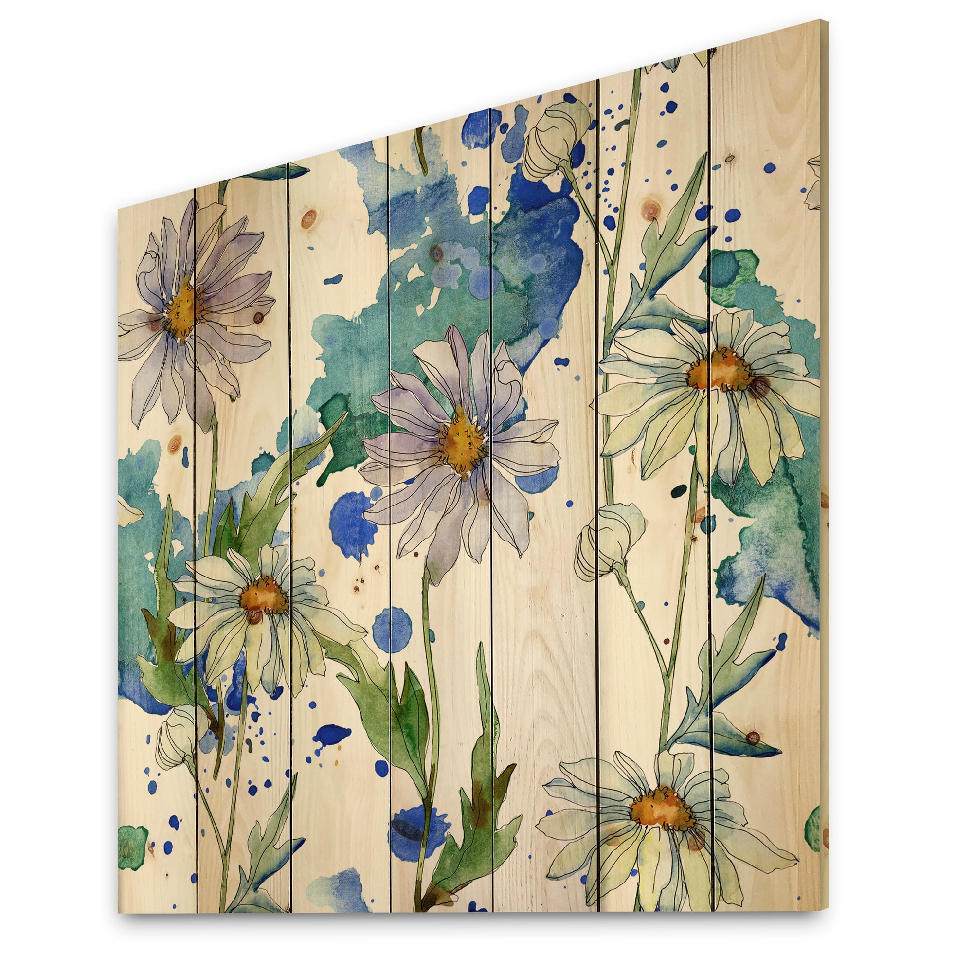 Designart 'Daisies With Green Leaves and Background' Traditional Print on Natural Pine Wood