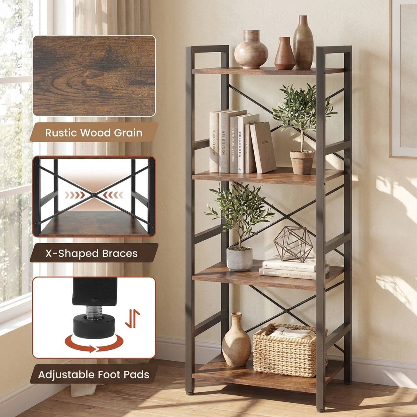 Furnibear 4-Tier Bookshelf Narrow Freestanding Display Shelf with Metal Frame for Living Room Home Office Bedroom Display Storage Shelf, Rustic Brown