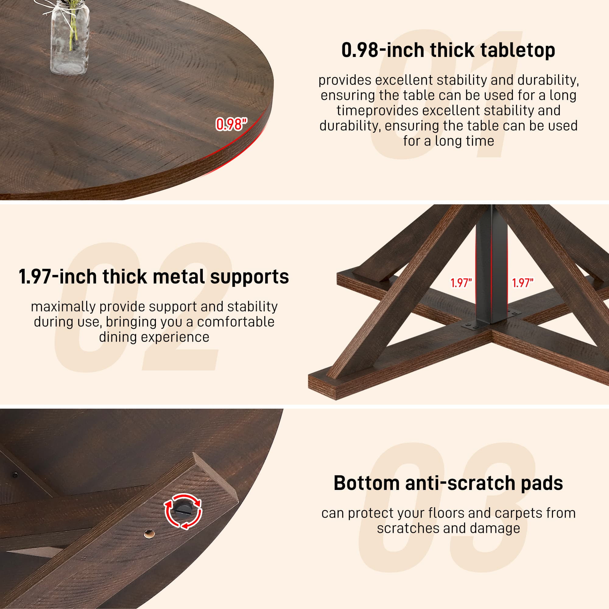 ChVans 47" Round Dining Table for 4 People, Rustic Farmhouse Wooden Round Table for Kitchen Living Roon Dinning Room