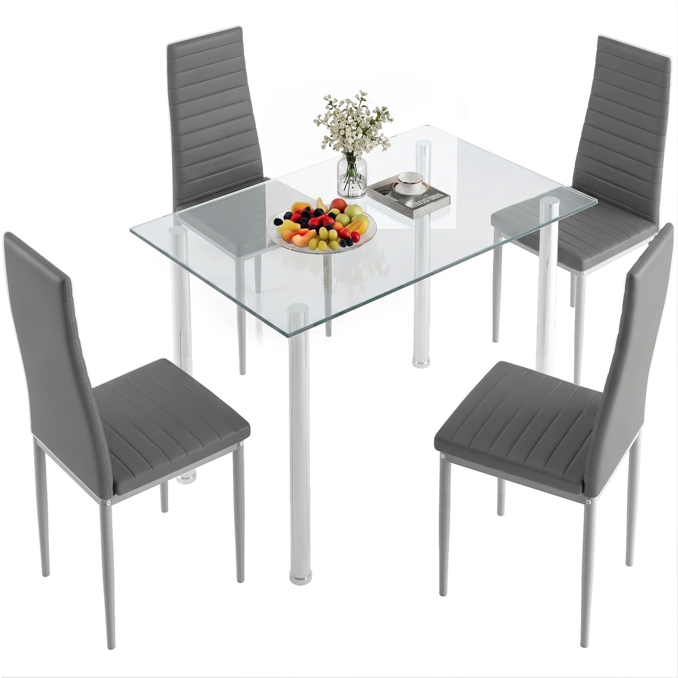 UHOMEPRO Gray Kitchen Table Set, 5 Pieces Dining Table Set, Tempered Glass Dining Table and Chairs Set for 4, Upgraded Iron Dining Room Table Set with 4 PU Leather Chairs