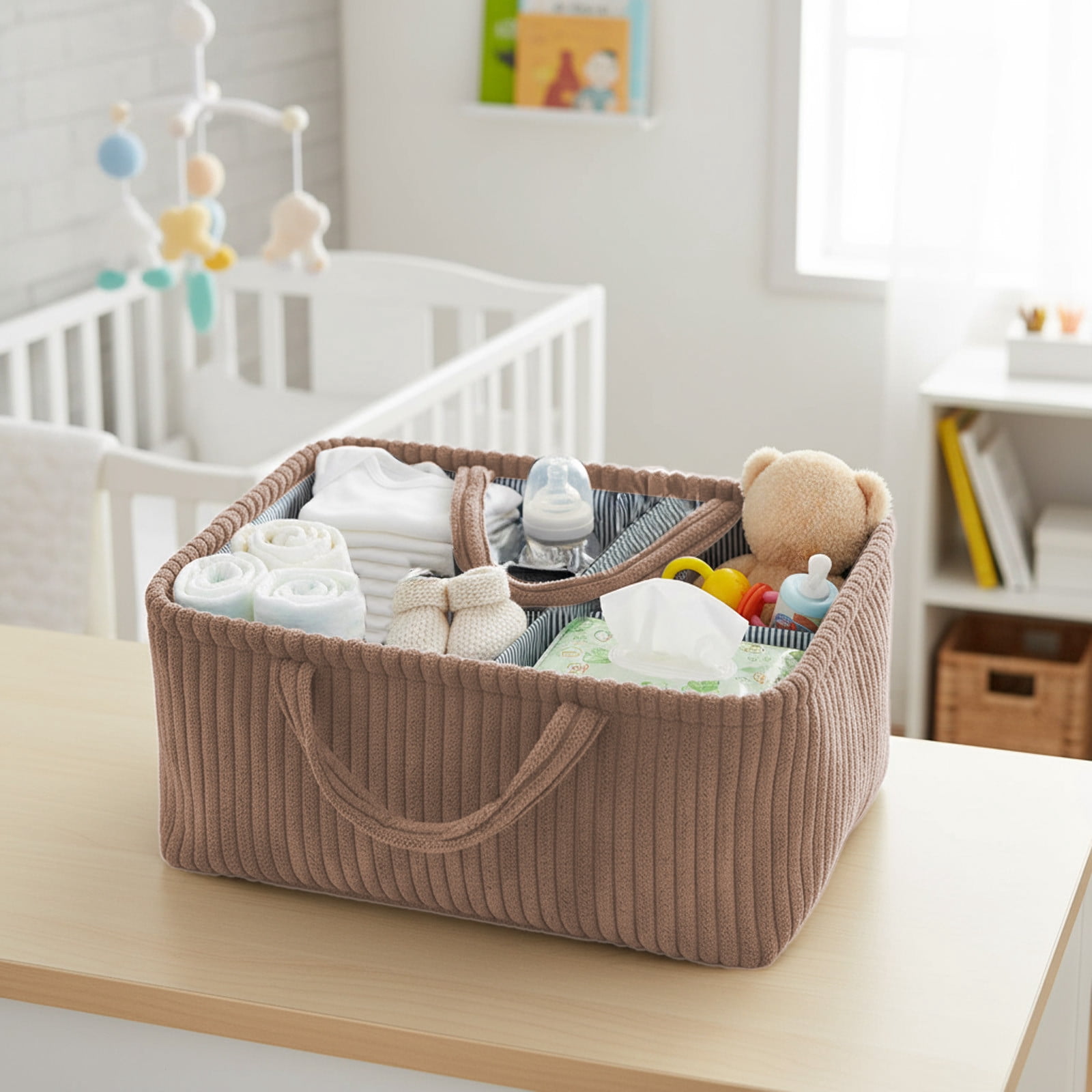 Baby Diaper Caddy Organizer for Changing Table – Stylish Nursery Storage Basket, Newborn Essentials, Baby Shower Gifts and Registry Must-Haves for Boy or Girl, Car Diaper Caddy, Corduroy