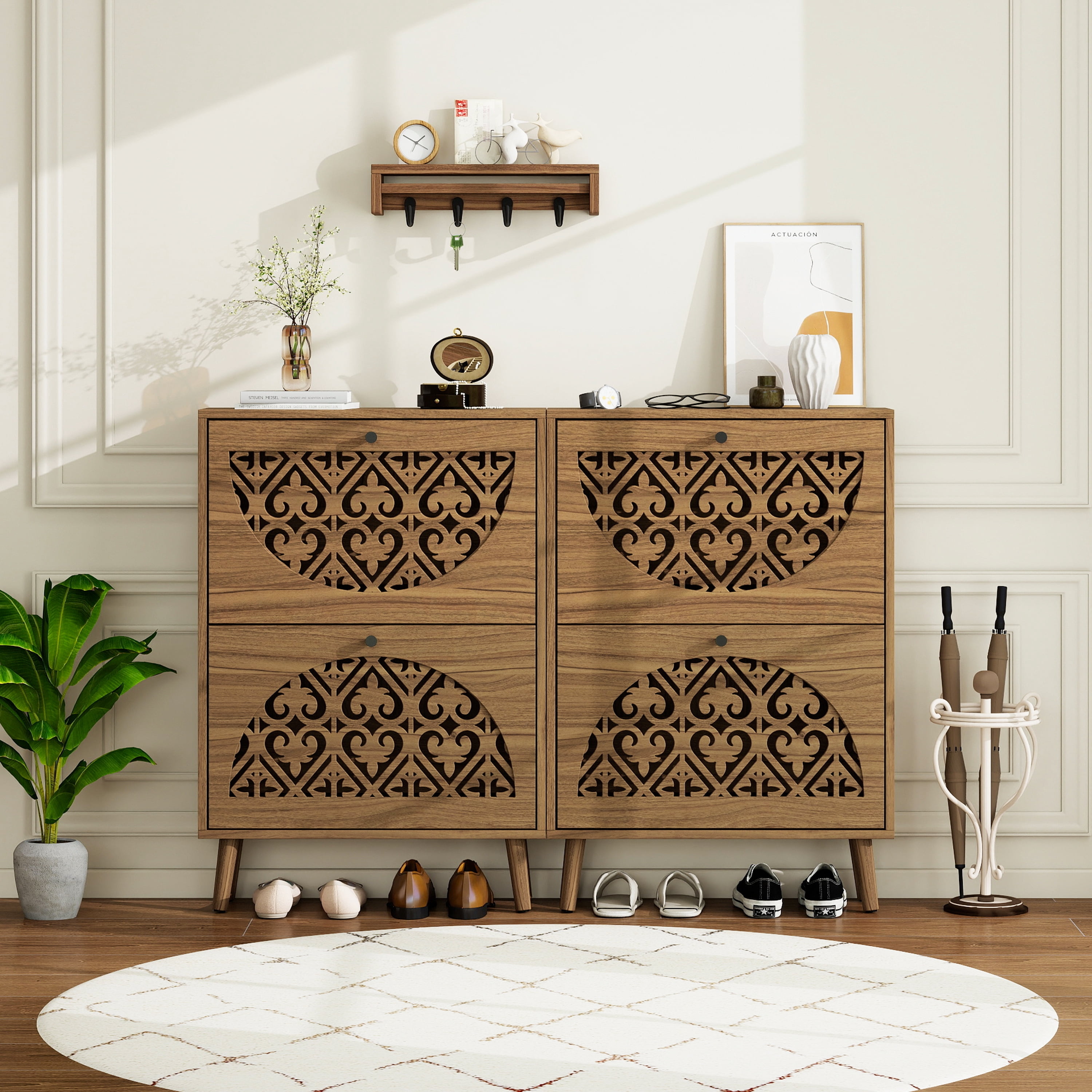 Japandi Narrow Shoe Cabinet with 2 Flip Drawers and Carved Floral Pattern, Wooden Shoe Storage Organizer for Entryway and Hallway, Walnut Brown