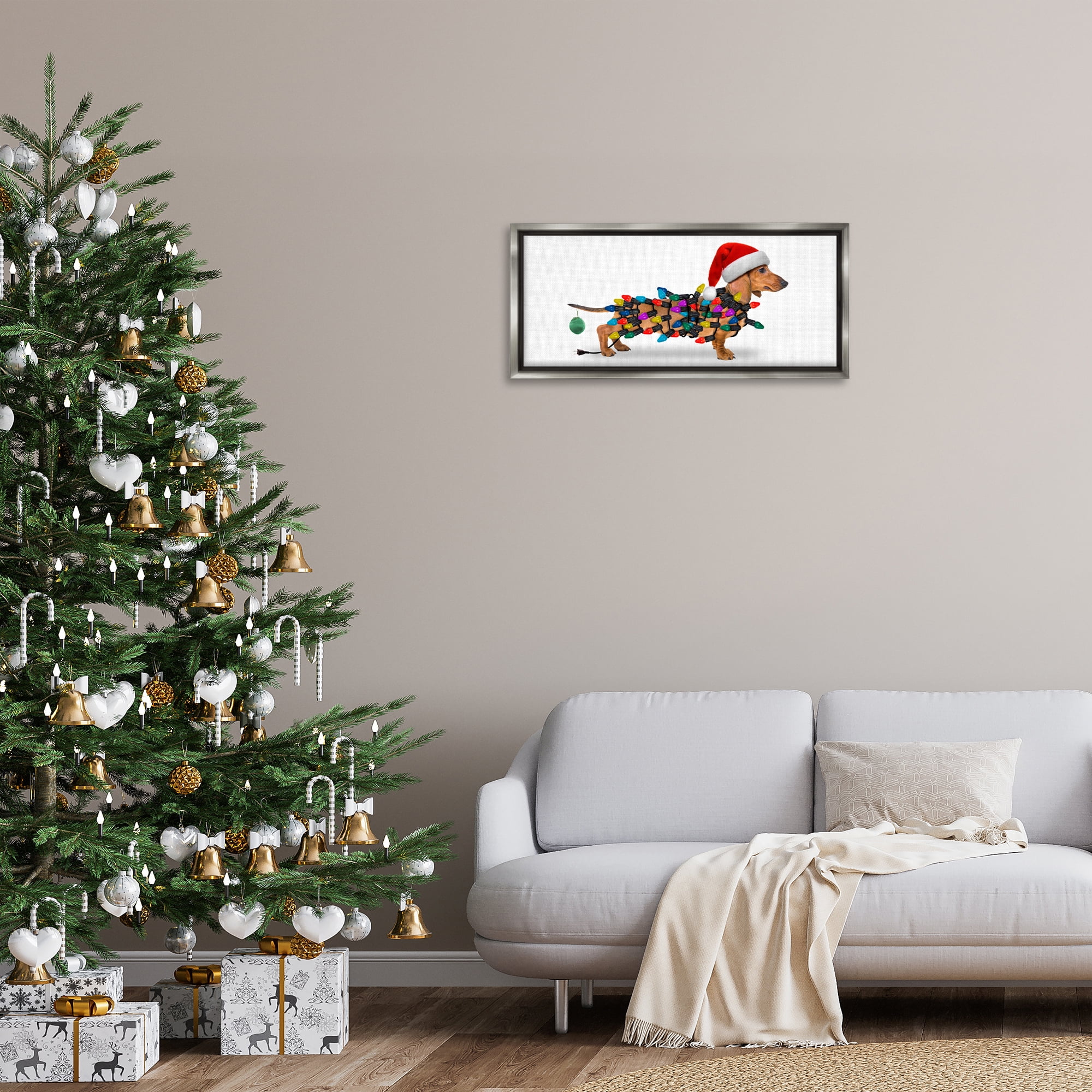 Stupell Industries Holiday Lights Dachshund Holiday Painting Gray Floater Framed Canvas Art Prints Wall Art, 31 x 14