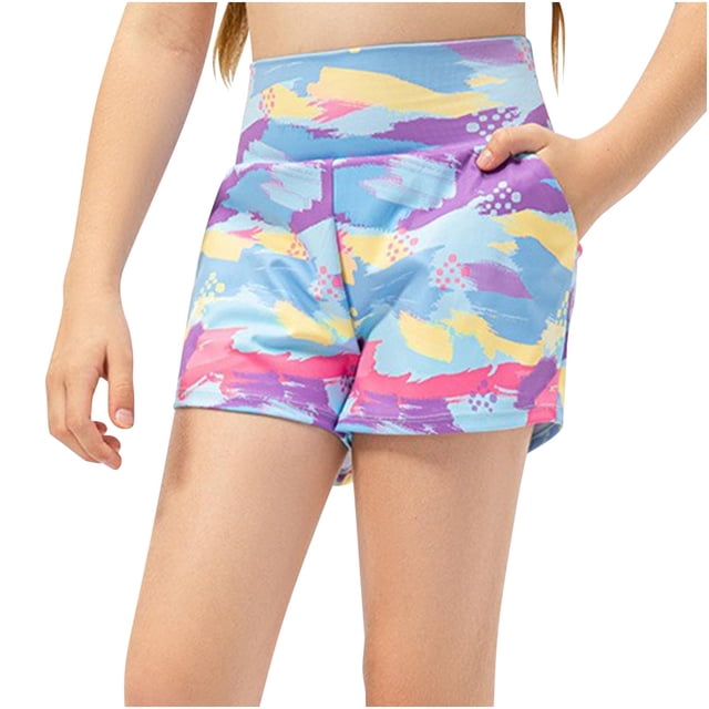 Odeerbi 5-15 Años Para Niñas Tie-Dye Gradiente de Yoga Shorts Entrenamiento de Deportes Pantalones Cortos Graffiti Altos Pantalones Cortos Con Bolsillo