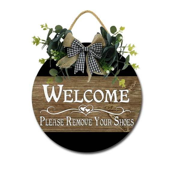 Welcome Please Remove Your Shoes Front Door Sign Funny Wreaths Hanging Wooden Plaque Decoration Round Rustic Wood Farmhouse Porch Decor for Home Front Door Decor, 11 x 11 Inch