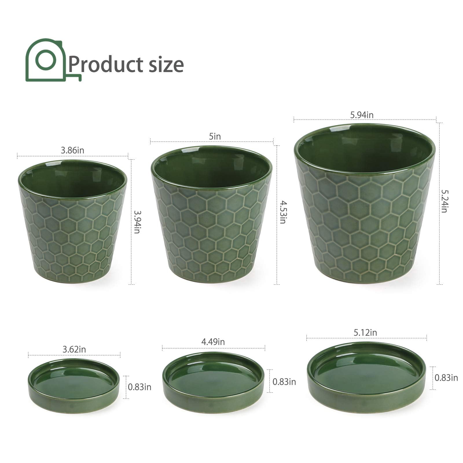 BUYMAX 4",5",6" Dia Planter Set of 3, Modern Style Ceramic Plant Pots with Drainage Hole and Tray for Indoor Outdoor Patio, Forest Green​