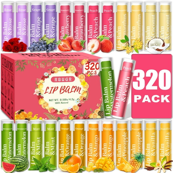 RBUGR 320 Pcs Lip Balm Bulk, 12 Flavored Pack of Lip Balms Natural Lip Balm Pack, Moisturising Organic Lip Balm Set for Cracked Lips, Bulk Gifts Stocking Stuffers Party Favors(4.2g/0.15oz)