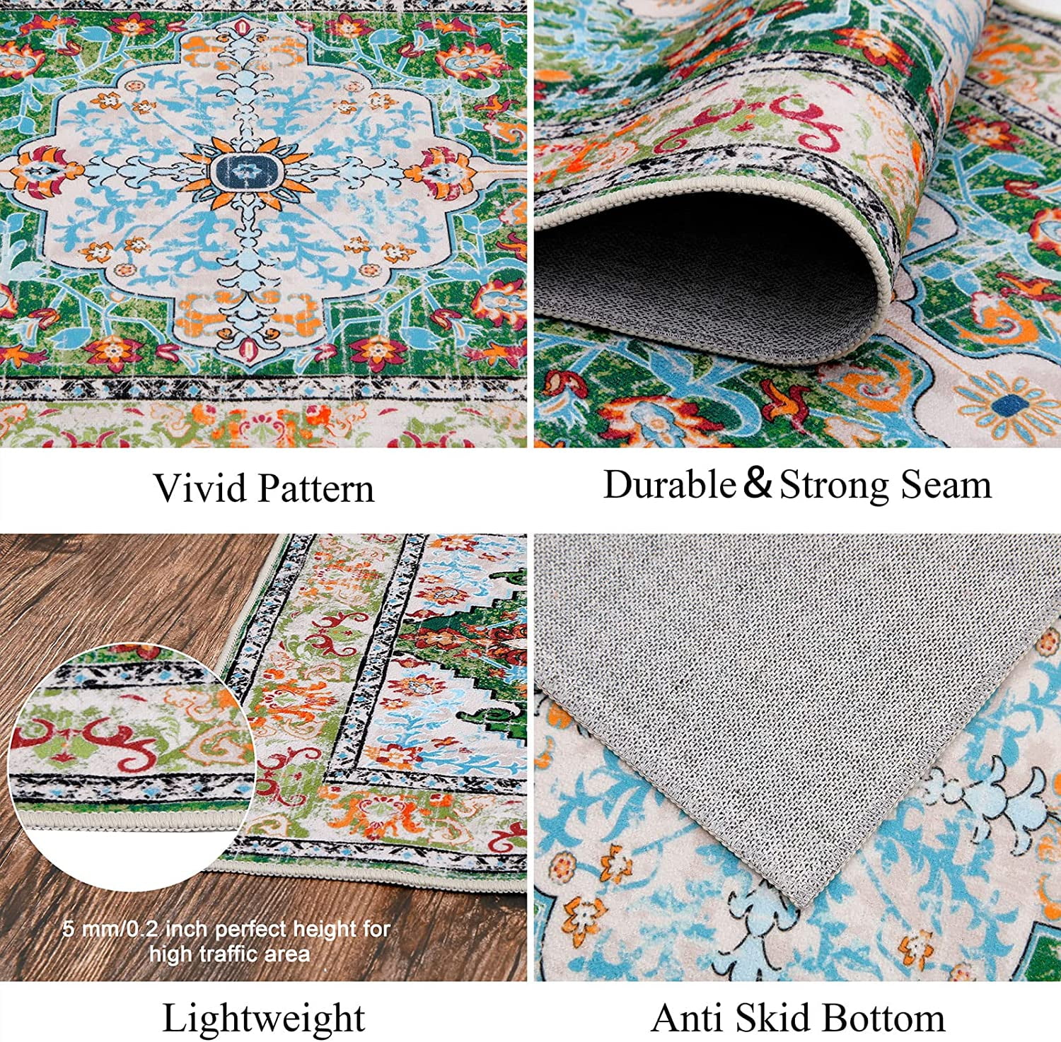 Findosom 2'x8' Vintage Boho Runner Rug Washable Non-slip Area Rug,Hallway Indoor Farmhouse Bedroom Kitchen Living Room Non Shedding Runner, Contemporary Low Plie Floor Carpet Doormat,Green