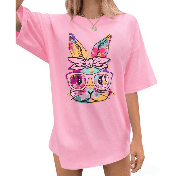 ALLTB Easter Bunny Shirt Women Oversized Happy Easter Day Tee Cute Bunny Rabbit Tshirt Floral Flower Casual Short Sleeve Tops