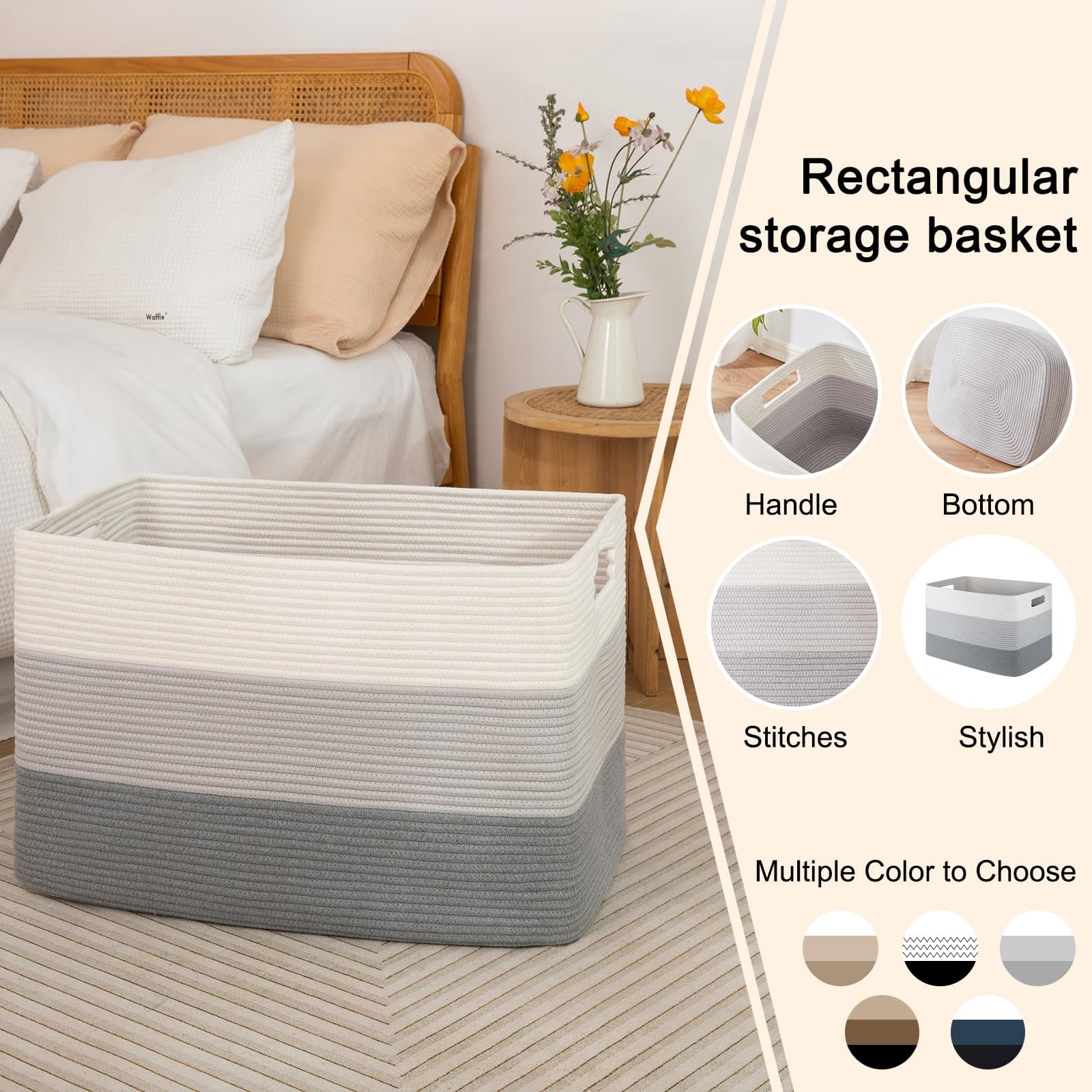 Extra Large Blanket Basket, 110L Cotton Rope Woven Laundry Basket, baby laundry basket,Cotton Rope Blanket Basket for Living Room, Laundry, Nursery, Pillows (Gradient Grey)