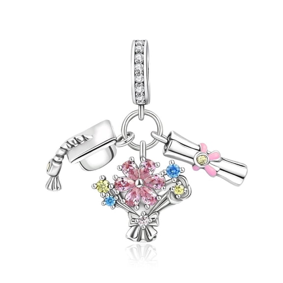 Graduation Hat, Flower & Diploma S925 Triple Dangle Charm for Women Moment Bracelet Necklace Pedant