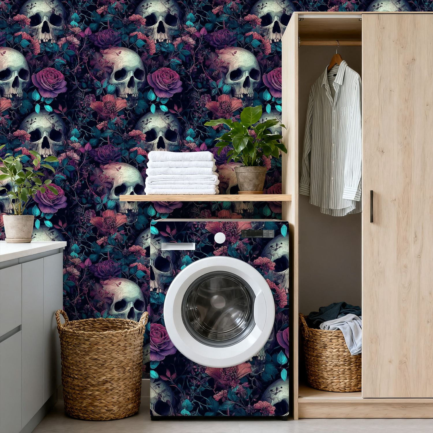 Vintage Peel and Stick Wallpaper 17.7in x 9.8ft Skulls Vibrant Floral Roses Leaves Contact Paper Vinyl Self-Adhesive Removable Wall Paper for Bedroom Kitchen Cabinet Décor Renter Friendly