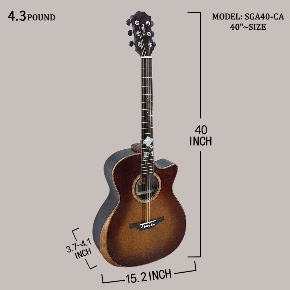 6-string Beginner Solid Spruce classic acoustic guitar, Rosewood fretboard (real shell carved rose), colored finish, right