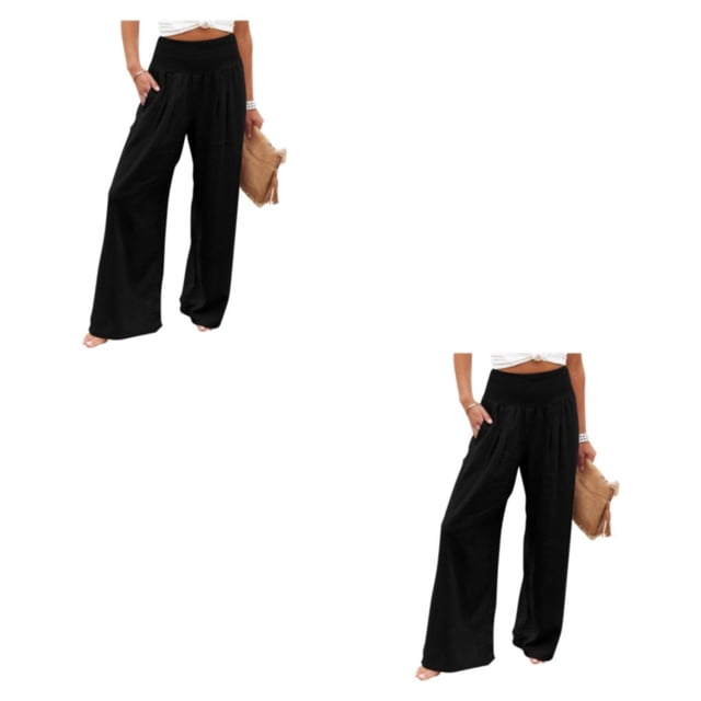 Sonducket Mujer verano primavera pantalones bolsillos Color sólido largo suelto Casual pierna ancha cintura alta elástico moda salón de Negro METRO 2piezas
