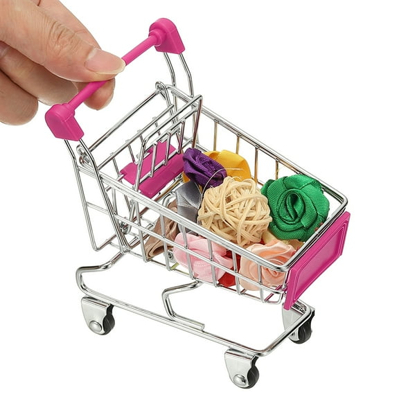 Mini Shopping Cart, Tiny Shopping Cart Trolley Miniature Grocery Supermarket Handcart Small Basket with Wheels for Pretend Play Dolls Storage Store Toy Dollhouse Gift, Hot Pink