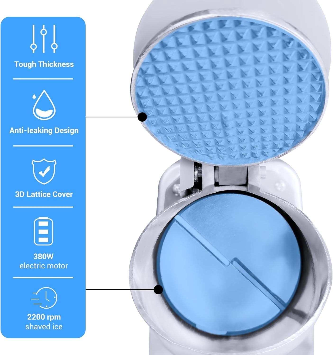 Electric Shaved Ice Machine, Ice Crusher Shaver with 2 Blades, Snow Cone Machine for Home Kitchen or Commercial Use, Featuring Dual Splash Prevention High Speed