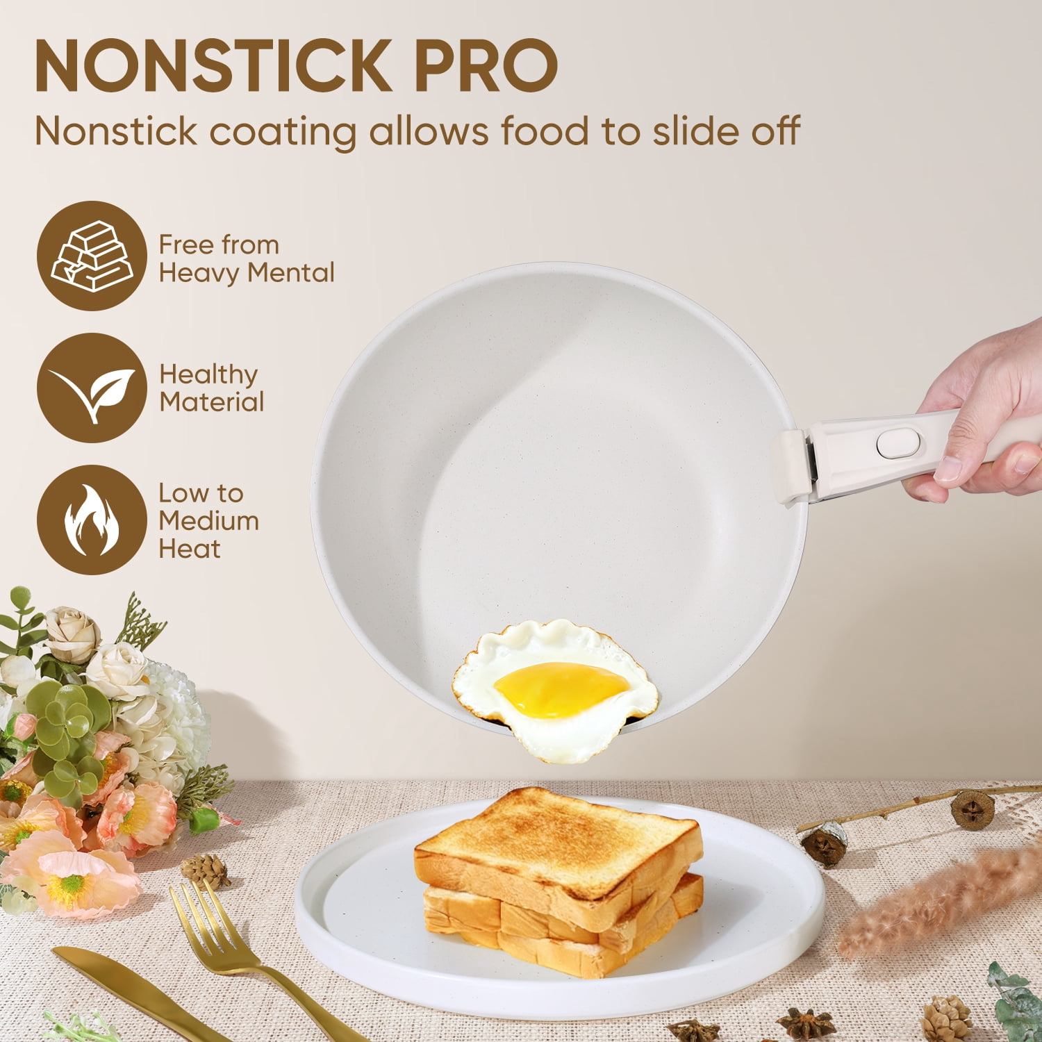 Vesteel 18Pcs Pots and Pans Set, Nonstick Cookware Set with Detachable Handles, Stackable Kitchen Cooking Set with Silicone Utensils Set, Induction Compatible & Oven Safe - Cream White