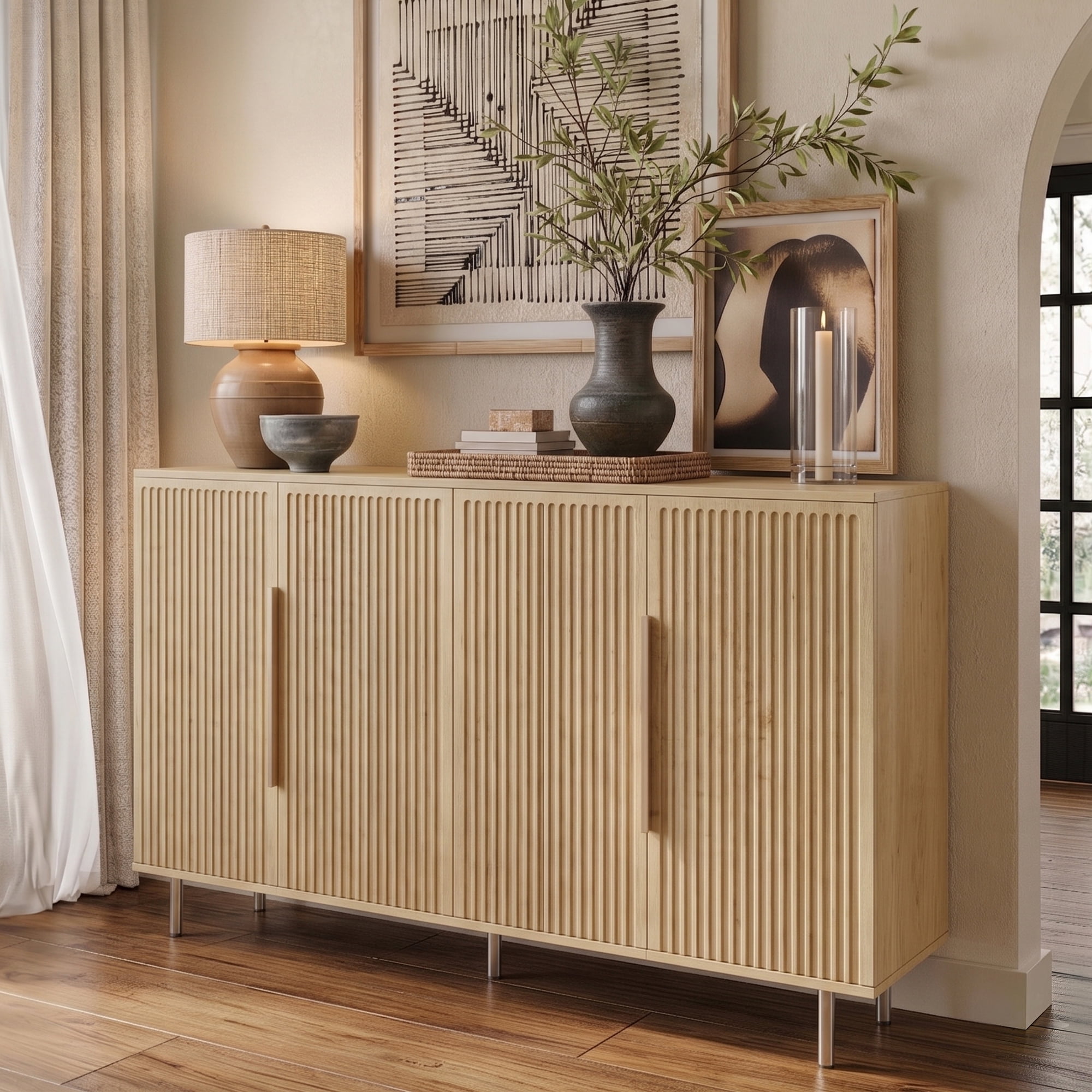 Aukfa 56.7" Modern Sideboard Buffet Cabinet with Adjustable Shelves, Accent Credenza Organizer,Natural