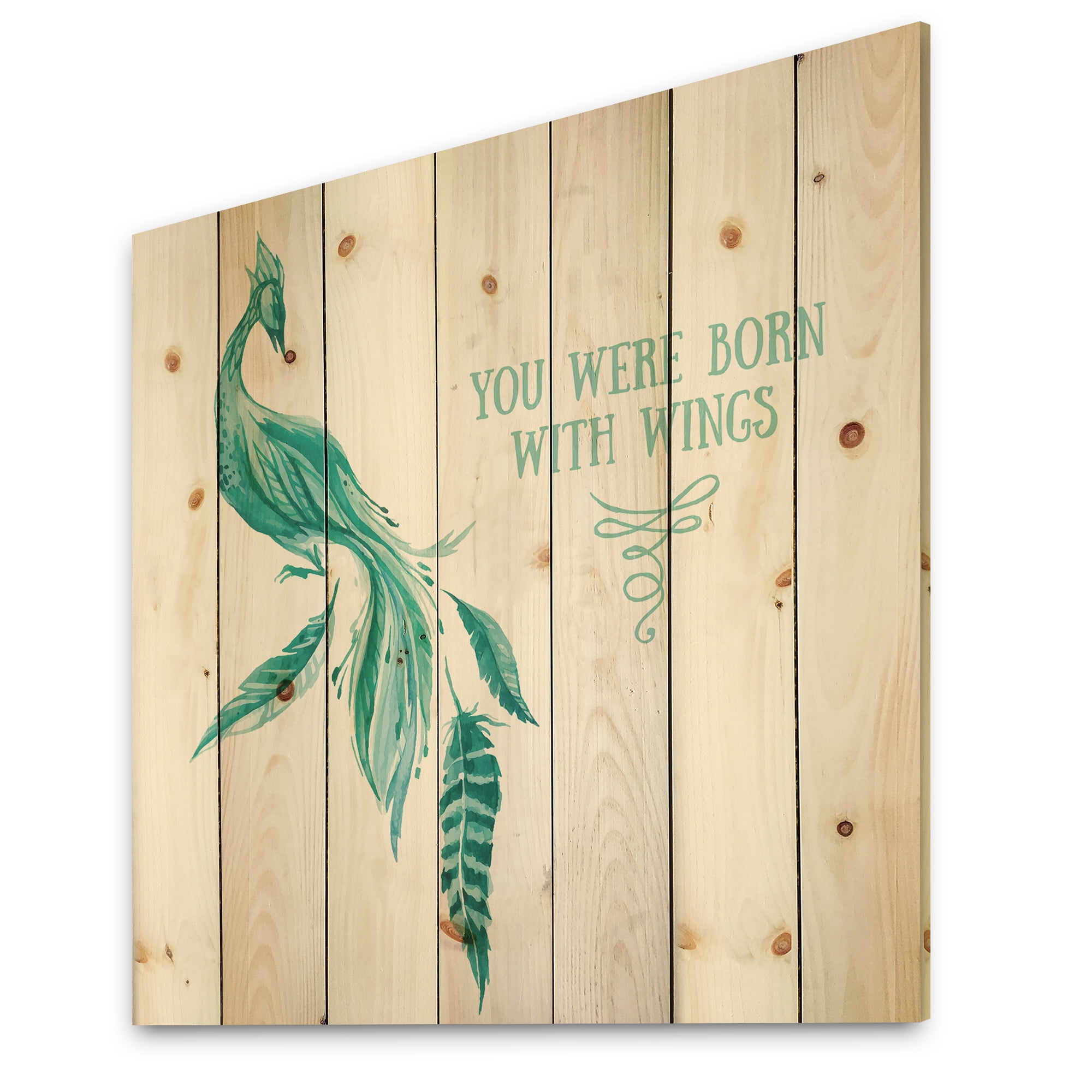 Designart 'Turquoise Bird You Were Born With Wings' Traditional Print on Natural Pine Wood
