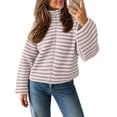 thumbnail image 2 of Womens Zip Up Knit Cardigan Sweater Stripe Stand Collar Long Sleeve Jacket Loose Fit Fall Outerwear Purple M, 2 of 6