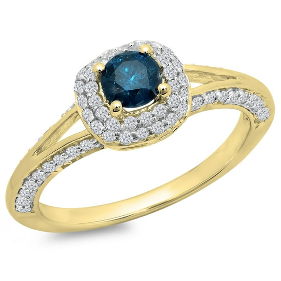 Dazzlingrock Collection 0.90 Carat (ctw) 14K Blue & White Diamond Bridal Split Shank Halo Engagement Ring, Yellow Gold, Size 9