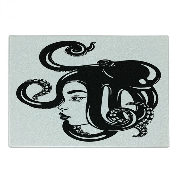 Sea Monster Cutting Board, Hand Drawn Monochrome Illustration of a Lady with Octopus on Her Head, Decorative Tempered Glass Cutting and Serving Board, in 3 Sizes, by Ambesonne