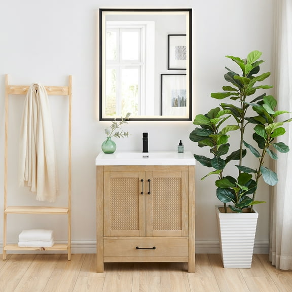 Bondi 30" Wood Vanity in Light Brown Artificial Drop-in Sink with Mirror